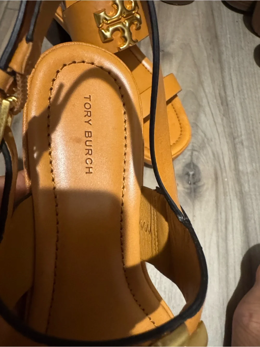 Tory Burch Eleanor Two-Band Medallion Slingback Sandals Cognac